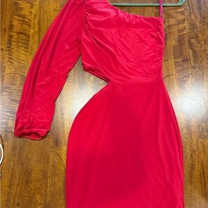 Red One Shoulder Bishop Sleeve cutout Dress